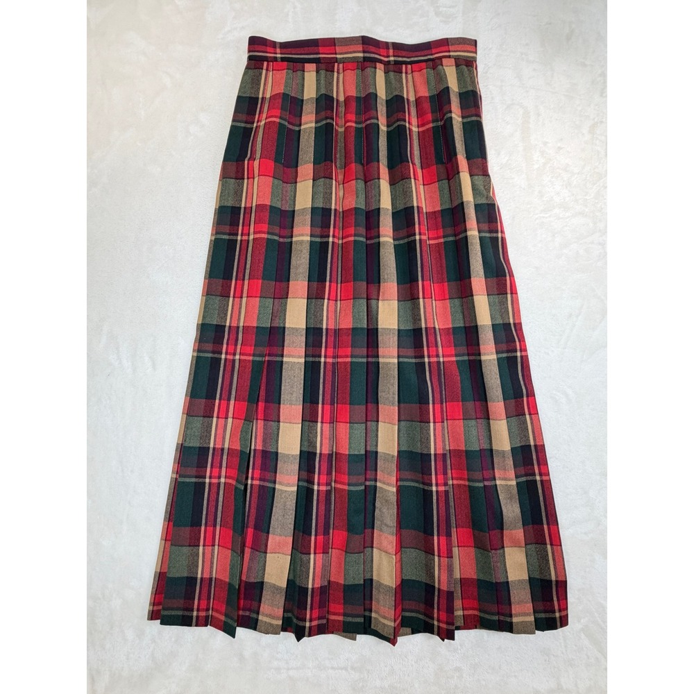 Talbots Red Green Plaid Wool Pleated Maxi Skirt 8 Excellent Made in the USA